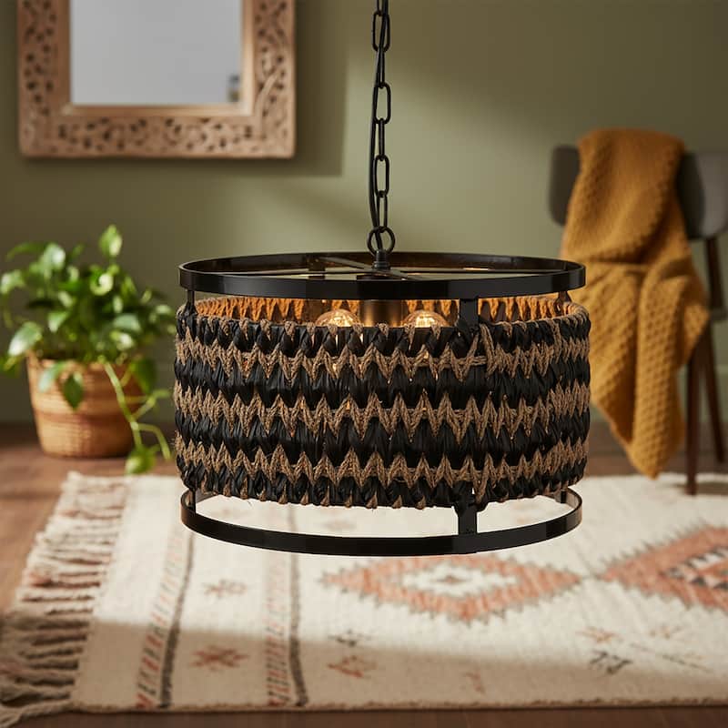 Amara 3-Light Wicker Drum Pendant, Rustic Boho - Handwoven - 18" Wide