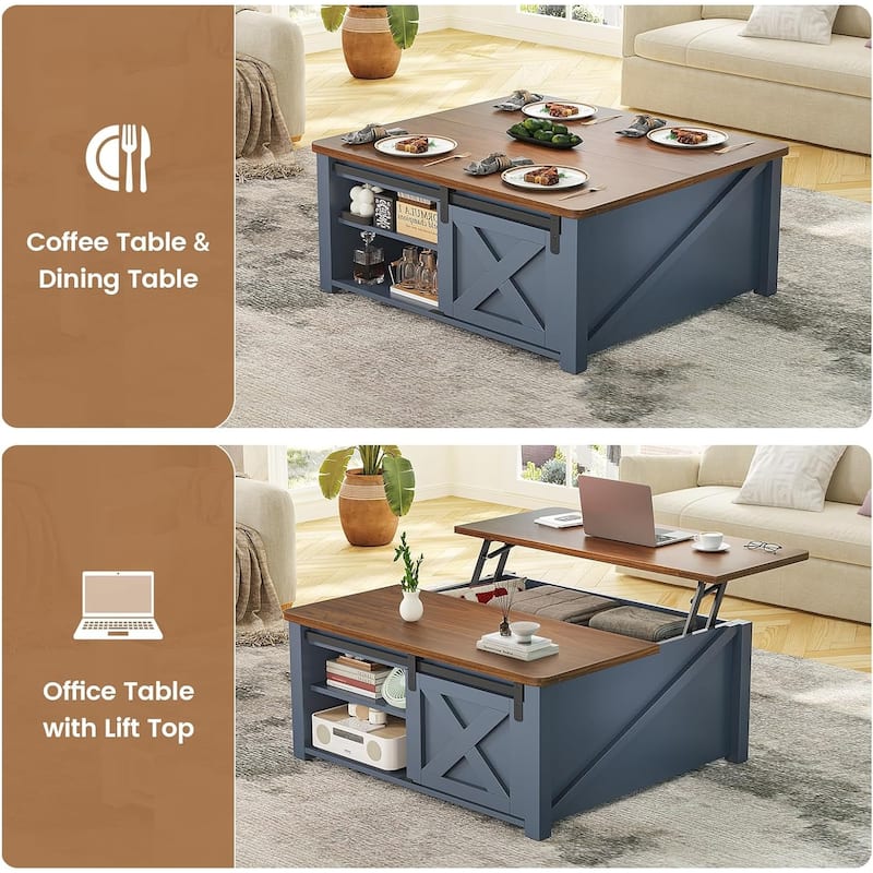 Coffee Table Lift Top Square Center Table Barn Door Adjustable Shelves