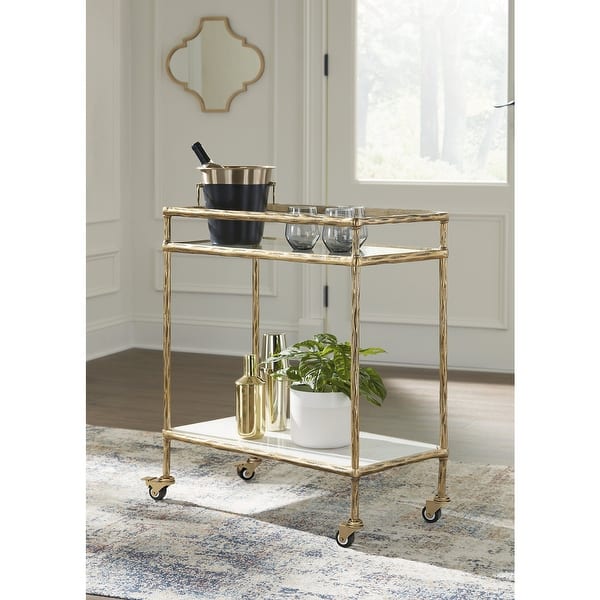 slide 2 of 13, Signature Design by Ashley Plattfield Gold/Clear Bar Cart - 28" W x 14.5" D x 31.63" H Aluminum/Glass - Gold/Clear