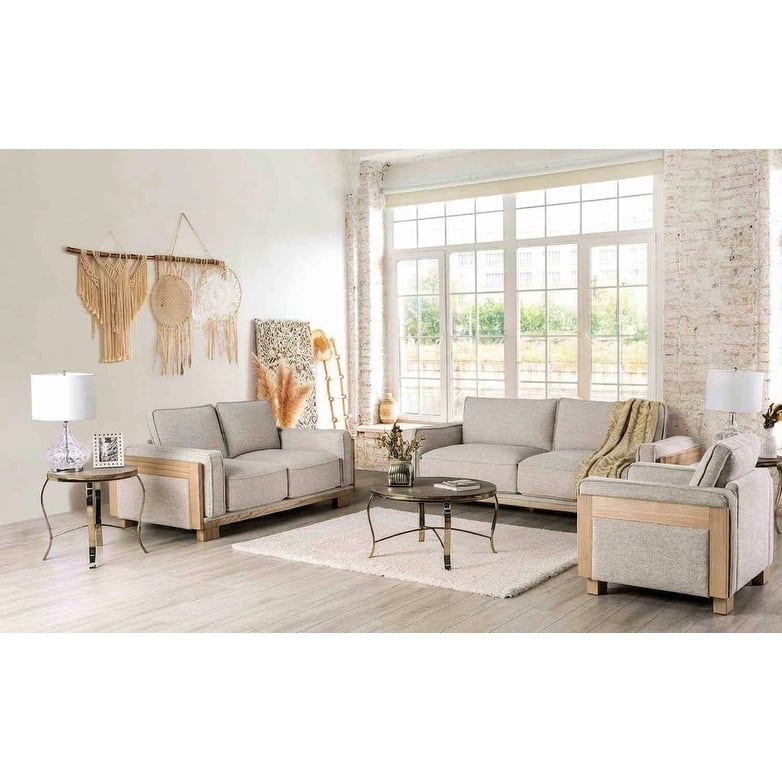 Light Brown Finish Sofa Loveseat Chair Set Solid Wood Track Arms