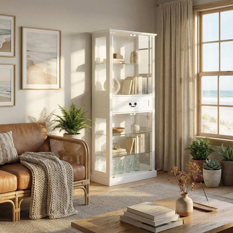 Bookshelves LED Display Cabinet with Tempered Glass Doors, App-Controlled Multicolor Lighting