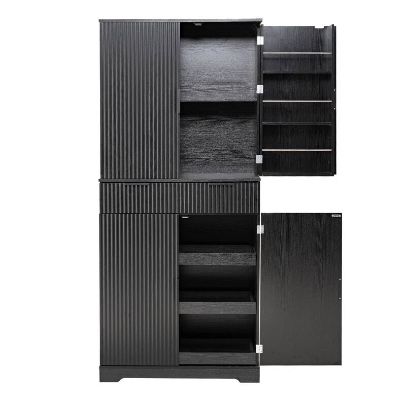 Fluted Kitchen Pantry Cabinet, Freestanding Sideboard Buffet Storage Cabinet with 3 Keyboard Drawers & 6 Door Shelves