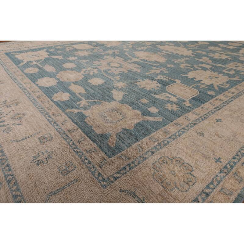 Teal Blue Vegetable Dye Oushak Turkish Rug Hand-Knotted Wool Carpet - 7'10" x 10'6"