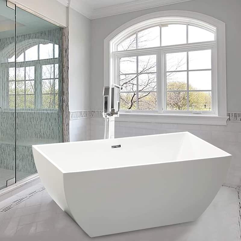 Vanity Art 59 x 30 Inch Freestanding Acrylic Soaking Bathtub with Slotted Overflow & Pop-up Drain