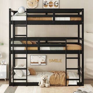 Triple Twin Bunk Bed with Dual Ladders & Guardrails