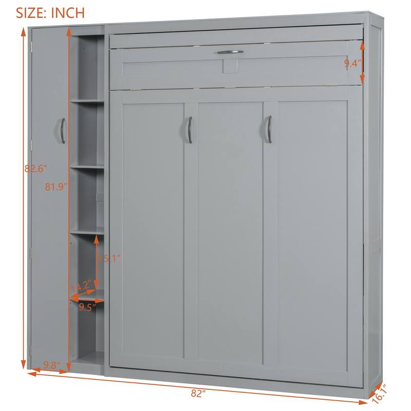 Full Size Murphy Bed with Shelves, Wardrobe, LED Lights, and Space-Saving Foldable Design for Guest Room or Studio