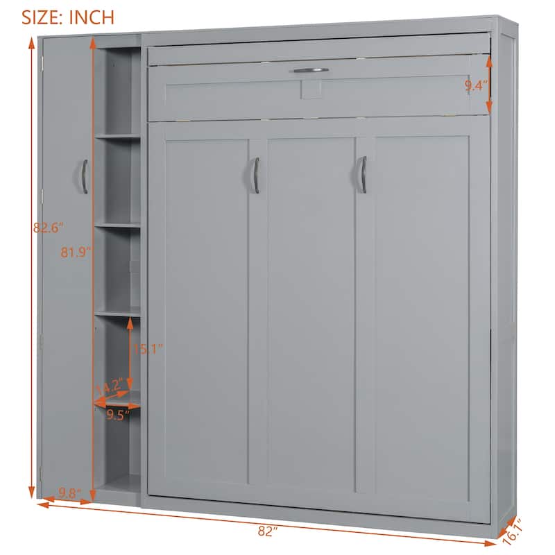 Space-Saving Full Size Wall Bed with Shelves, Wardrobe, and LED Lights in Gray