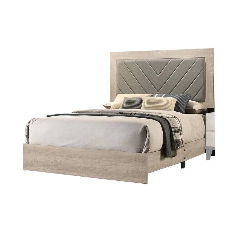 Contemporary Queen Size Bed with Gray V-Design Headboard and Rubberwood Frame