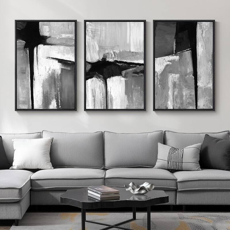 Framed Black and White Gray Modern Abstract Wall Art - 24 x 36