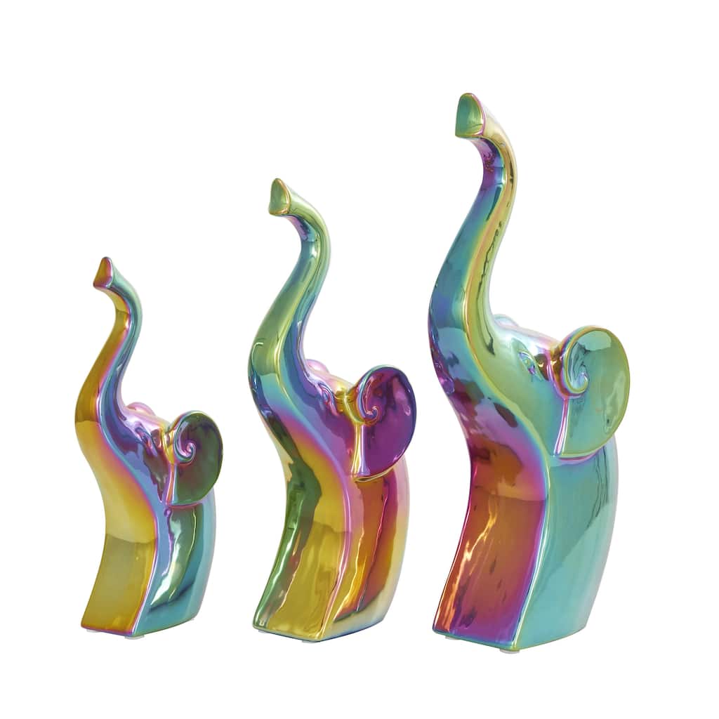Ceramic Elephant Decorative Sculpture with Rainbow Shimmer Finish - Set of 3 Multi Colored - Roche River Decor