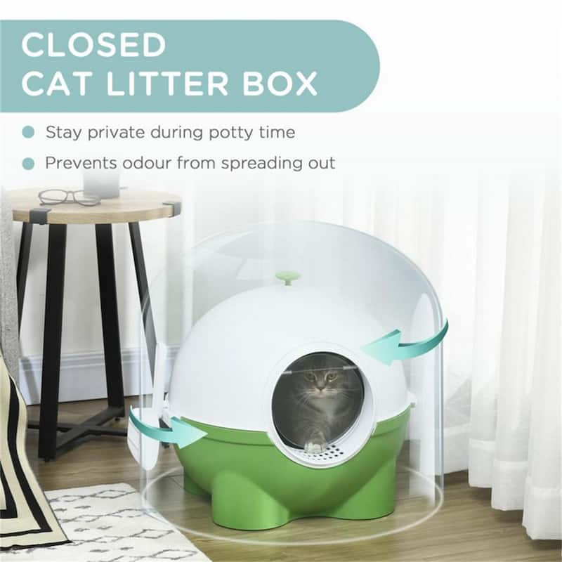 Dark Green and White Enclosed Cat Litter Box with Scoop and Sand Drain Enclosed Privacy