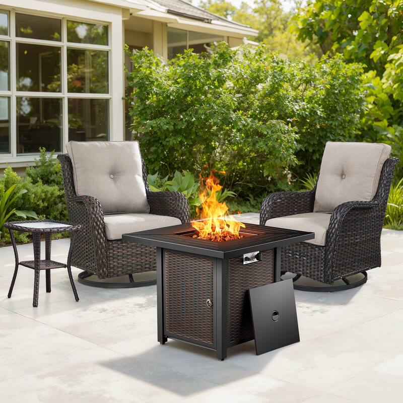 Gymojoy 4-Piece Outdoor Fire Pit Set with 2 Swivel Chairs & Side Table for Patio, Deck, Garden - Brown Wicker / Beige Cusion - 4-Piece