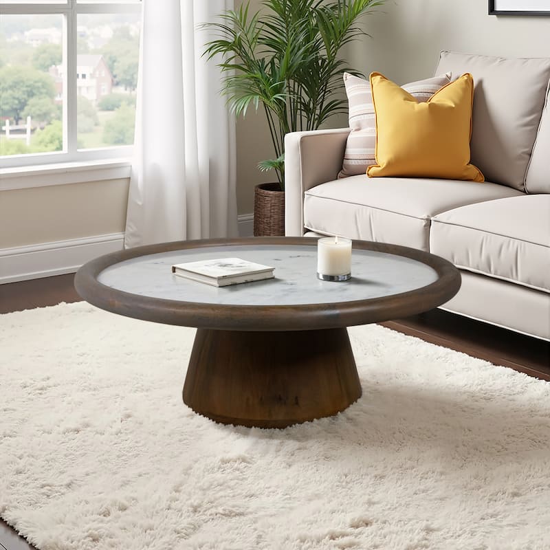 Mango Wood Marble Accent Table Round Drum Base Sculptural Design - 39" x 39" x 15"