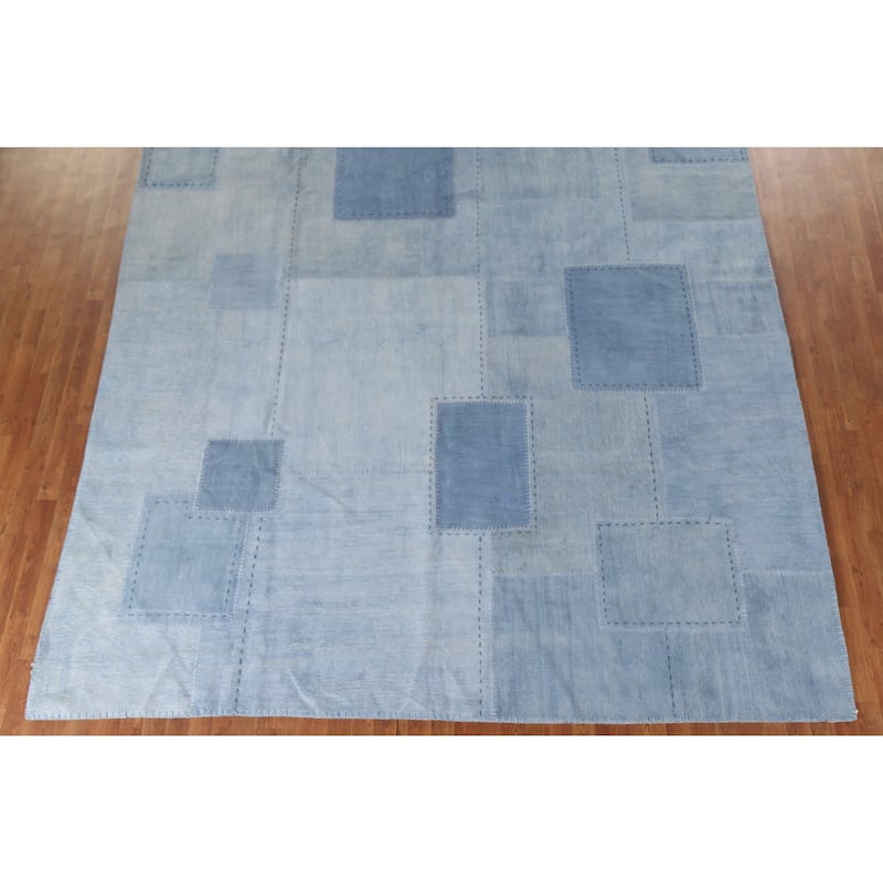 Blue Geometric Kilim Turkish Area Rug Hand-Woven Silk Carpet - 9'10"x 12'11"