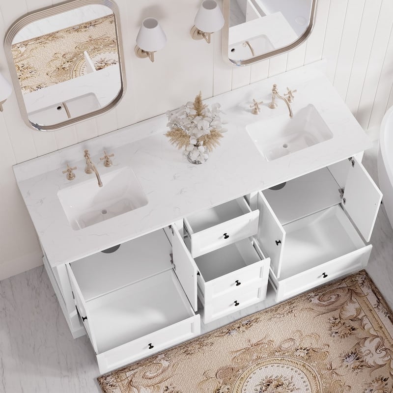 72-Inch Elegant Solid Wood Bathroom Vanity with Ceramic Top, Double Sinks, and Ample Storage