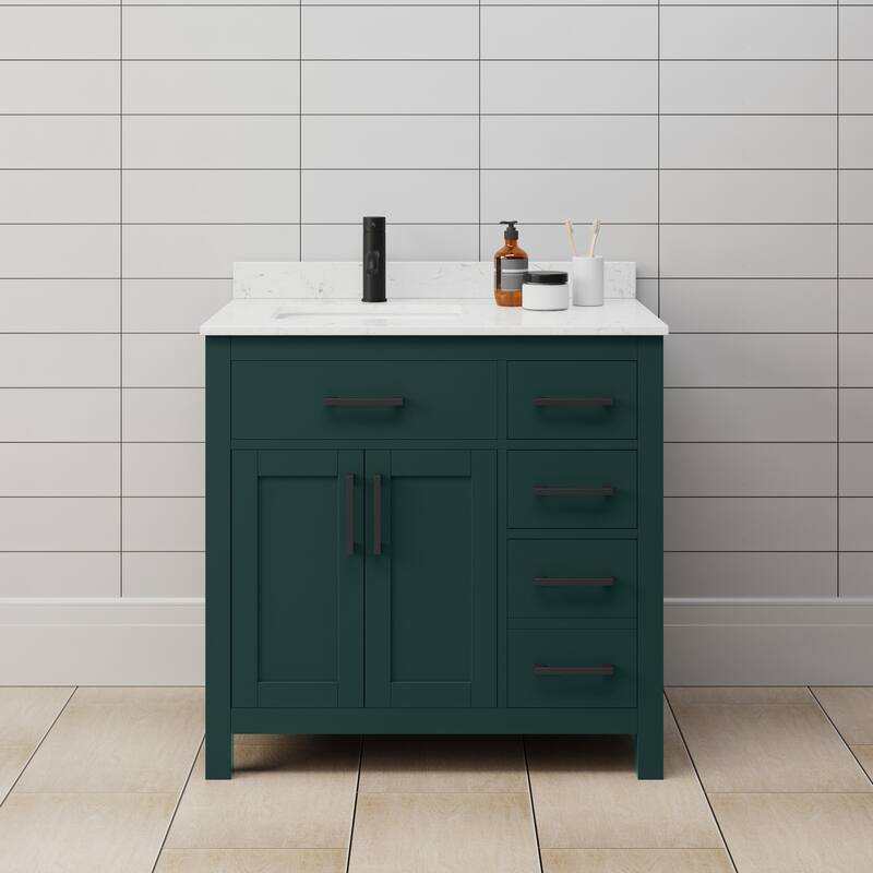 Wyndham Collection WCG242436S-UNSMXX Beckett 36" Free Standing Single - Green / Carrara Cultured Marble Top / Matte Black