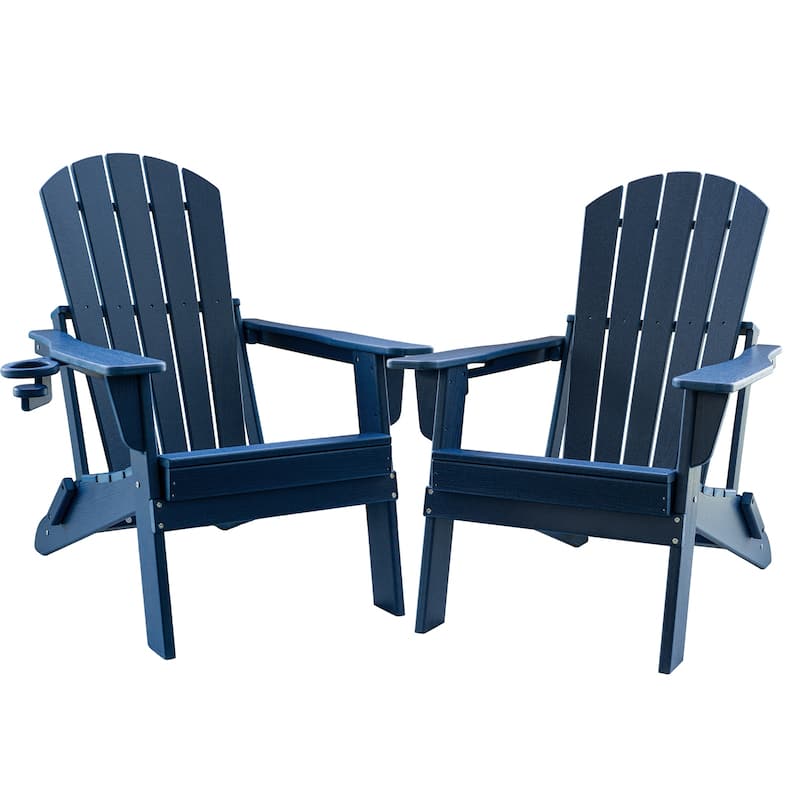HDPE Folding Adirondack Chair with Cup Holder,Weather-Resistant, Low Maintenance,Supports up to 400lbs - Navy Blue-2 Pack