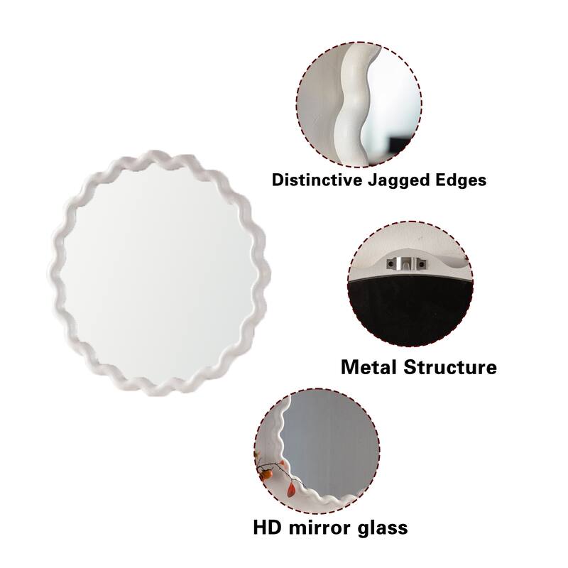 White Scalloped Round Wall Mirror, Wavy Frame for Living Room/Bedroom/Bathroom Decor - Cream White