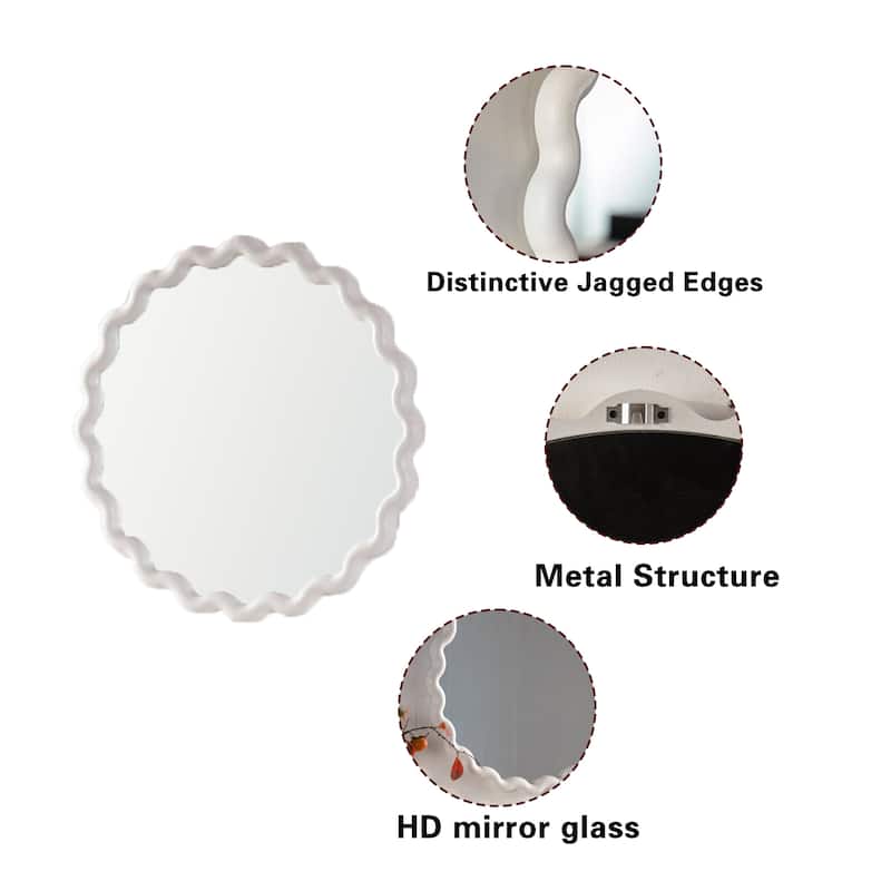 White Scalloped Round Wall Mirror - Wavy Frame Decor for Living Room, Bedroom, Bathroom