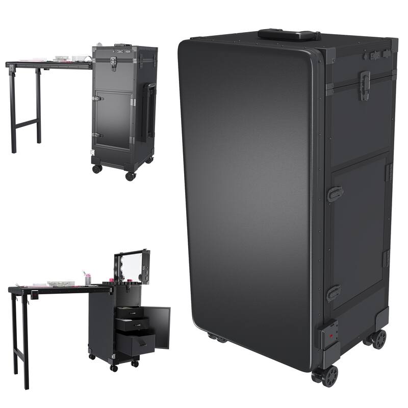 Portable Nail Art Table w/ LED Mirror, Bluetooth, Lockable Drawers, Telescopic Pole - Folding Manicure Station for Salons