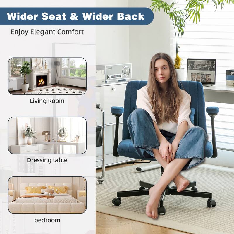 Blue Cross-Legged Office Chair, Vanity Chair with Adjustable Seats and Wheels, for Home Offices and Studies