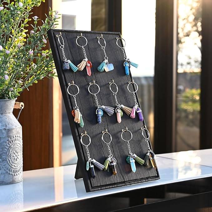 Wooden Jewelry Display Stand with 12 hooks,Brown Color - S - Black