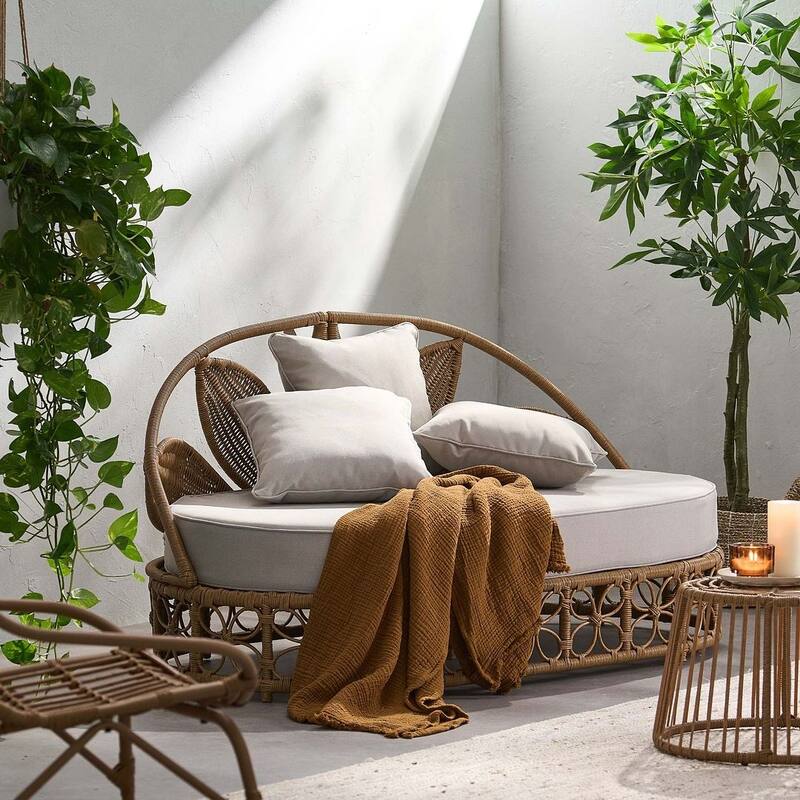 Light Brown Outdoor Daybed Woven Wicker, Water-Resistant Cushions by Christopher Knight Home
