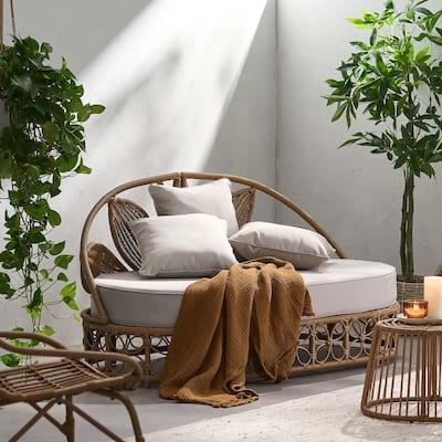 Light Brown Outdoor Daybed Woven Wicker, Water-Resistant Cushions by Christopher Knight Home