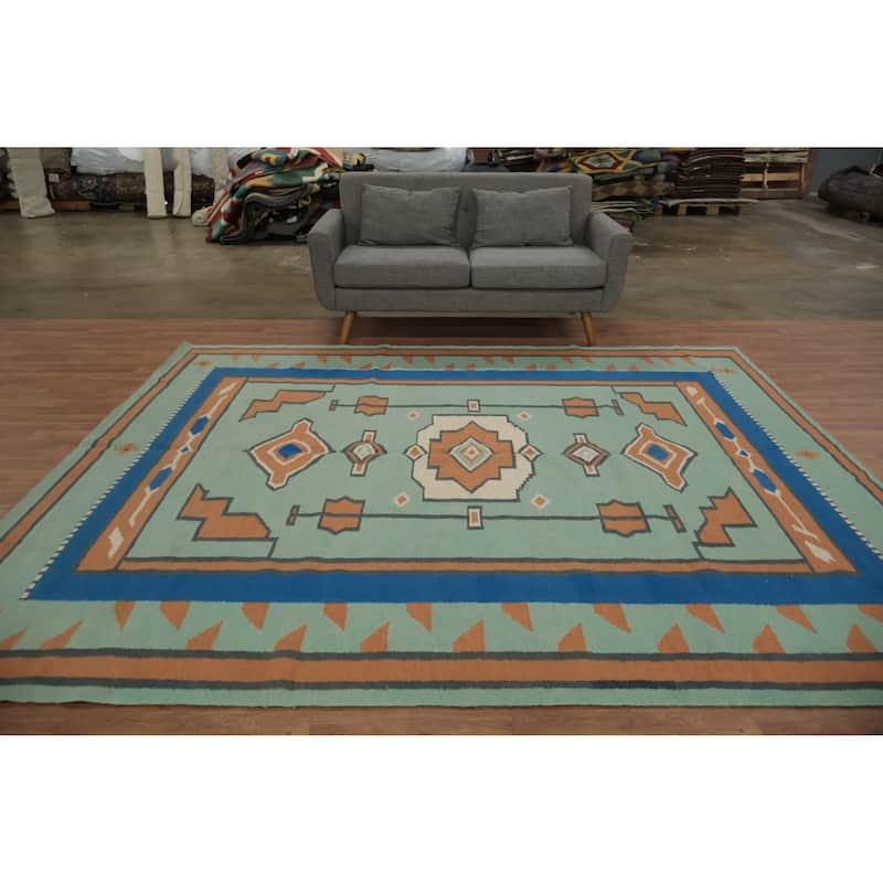Hand Woven Oriental 100% Wool Carpet Southwestern Tribal Green Kilim Area Rug - 9' 11'' X 8' 6''