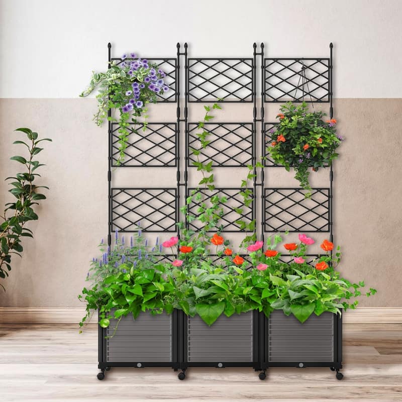 63"H Planter Box Raised Garden Bed With Trellis & Wheels, Vertical