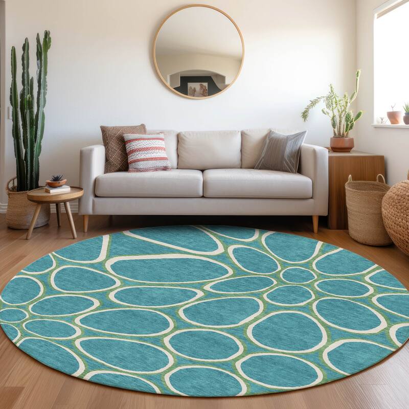 Machine Washable Indoor/ Outdoor Modern Bubbles Chantille Rug - Teal - 8' x 8'