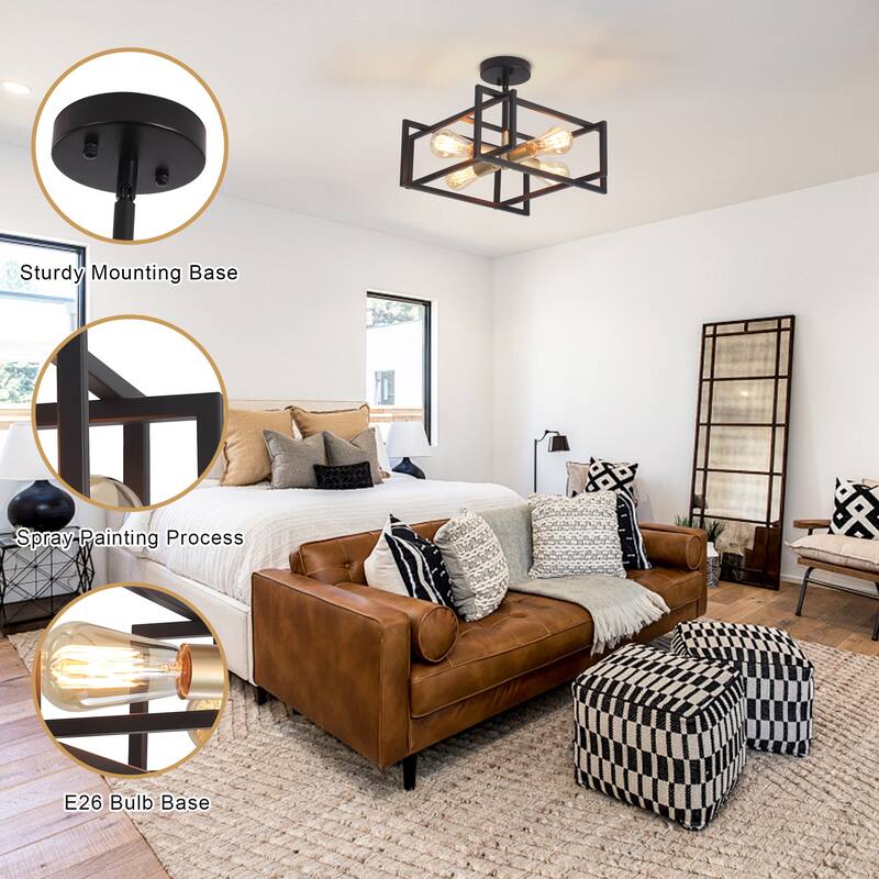 4 - Industrial Semi Flush Mount Ceiling Light Fixture - 15in - N/A