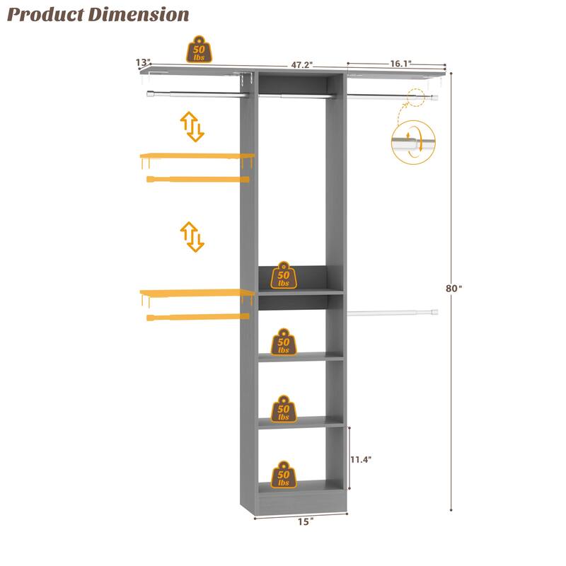 4 FT Closet Organizer with 4 Hanging Rods, Small Closet System with Storage Shelves