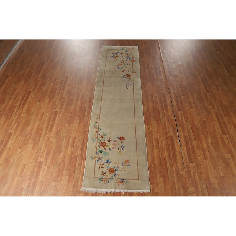 Hand Knotted Oriental 100% Wool Carpet Traditional Floral Beige & Ivories Art Deco Runner Rug - 11' 8'' X 3' 0''