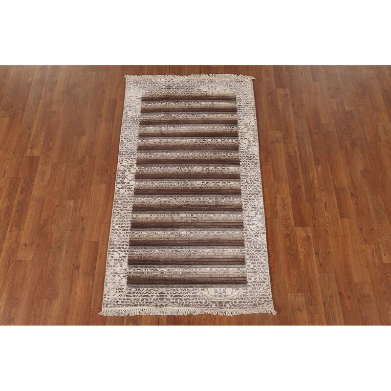 Striped Abstract Modern Accent Rug Hand-Knotted Wool Carpet - 2'9"x 5'0"