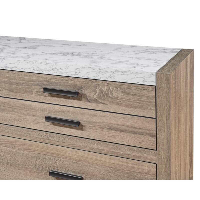 Tily Dresser and Mirror Set, 6 Drawers, White Faux Stone Top, Brown