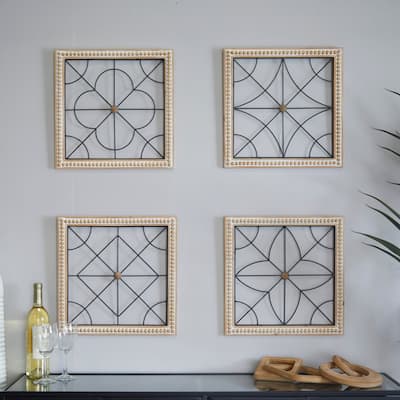 Brown Wood Carved Beading Geometric Wall Decor with Metal Wire (Set of 4)