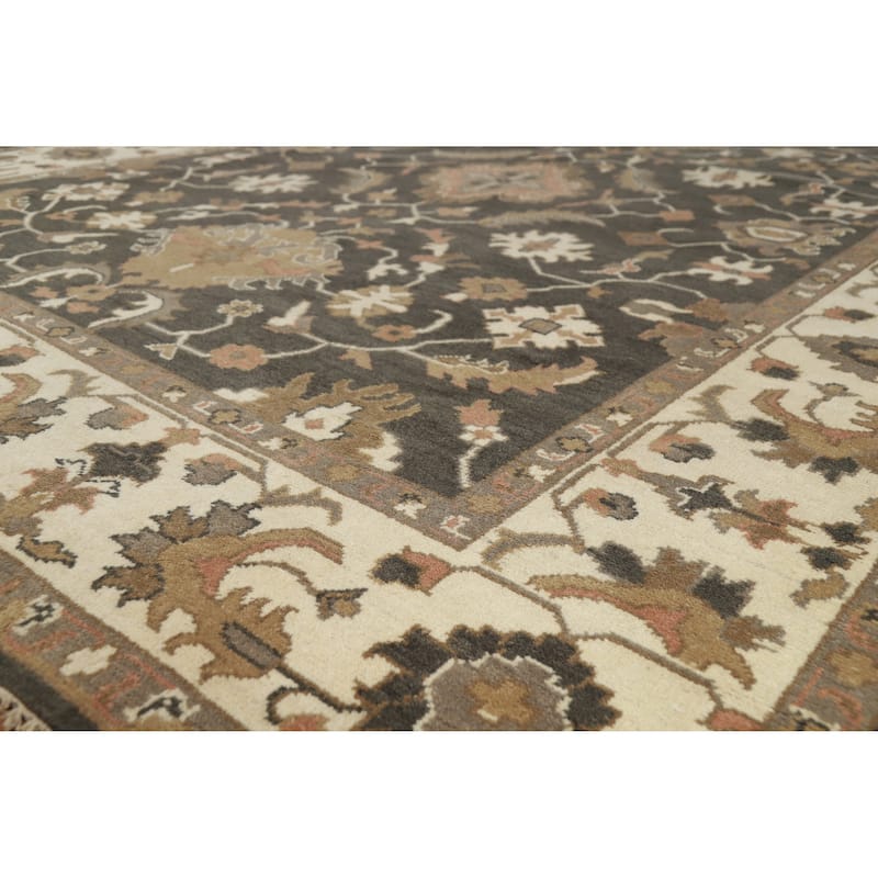 Brown Floral Oushak Indian Area Rug Hand-Knotted Wool Carpet - 9'3" x 12'0" - Brown - 9'3" x 12'0"
