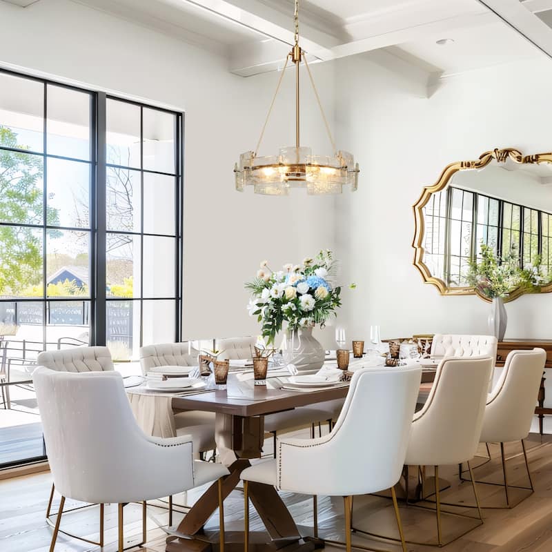 Modern Glam Gold 6-Light Drum Chandelier Textured Glass Pendant Light for Dining Room - D 20.5" x H 24"