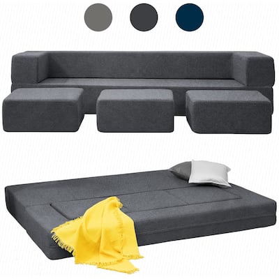 Queen Convertible Velvet Futon Sofa Bed with 3 Ottomans,Memory Foam,Foldable Mattress Floor Couch Sofa