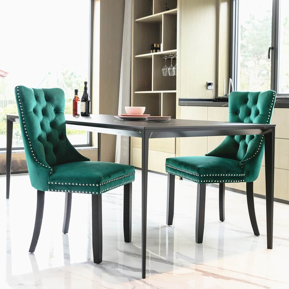 Velvet Dining Chairs Set of 2, Upholstered Dining Chairs with Button Tufted Back, Nailhead Trim & Ring Pull Wingback
