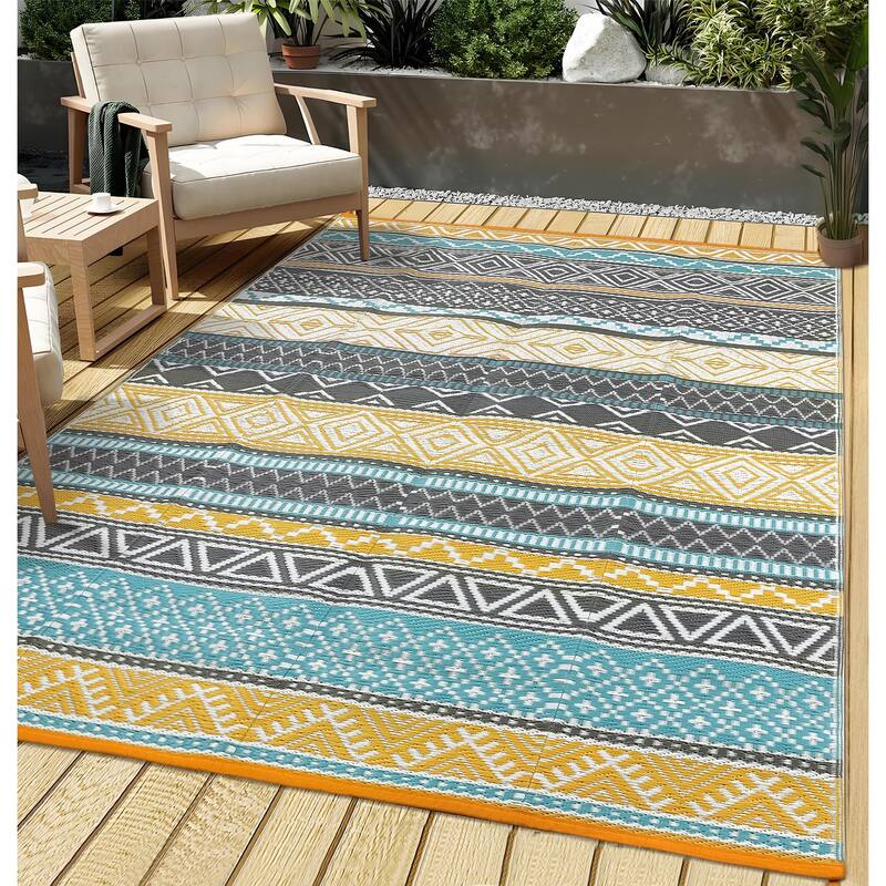 Outdoor Rug Waterproof Patio Rug Mat Geometric Rug Plastic Straw Outside Rug for RV Camping Picnic Reversible Rug - 6'x9' - Yellow Blue
