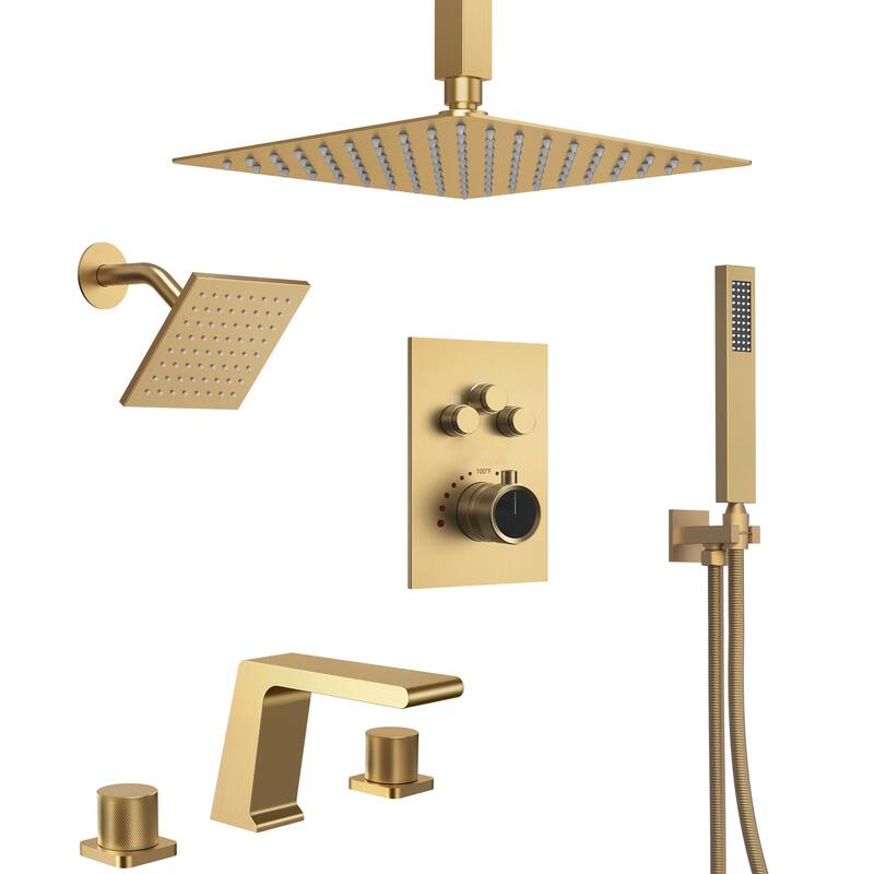 GRANDJOY 12" Rainfall & 6" Dual Shower System with 2-Handle Waterfall Faucet Set Combo Kit - Brushed Gold