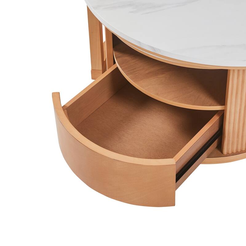 Round Nesting Coffee Table with White Marble Top, 2-Tier storage and 1 drawer, Natural, 28.5"