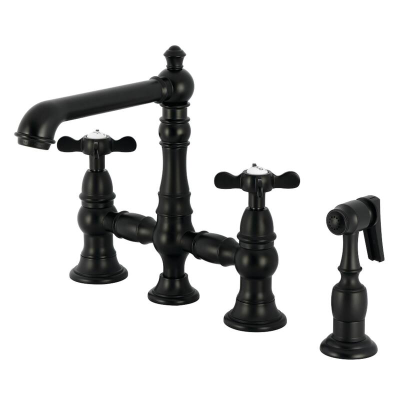 Kingston Brass Essex Two-Handle 4-Hole Deck Mount Bridge Kitchen Faucet with Brass Side Sprayer - Matte Black