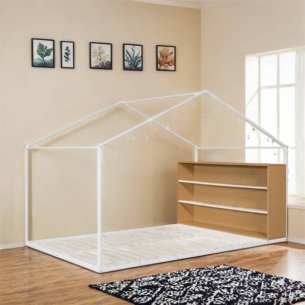 slide 2 of 18, Full Size Metal Bed House Bed Frame with Shelves and Lights