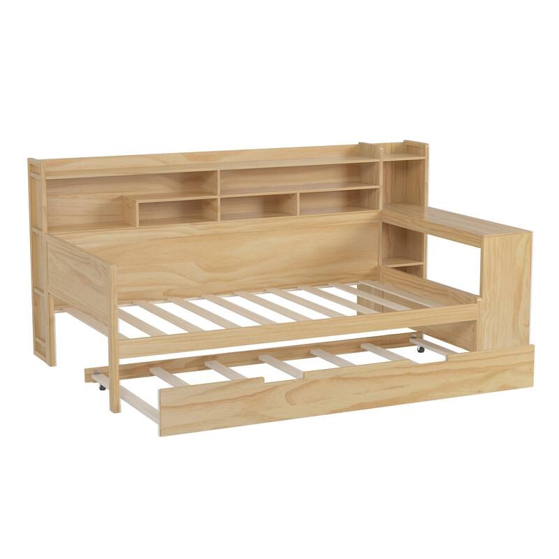 Wooden Daybed with Storage Shelves, Multi-functional Bed with Twin Size Trundle Bed and Study Desk