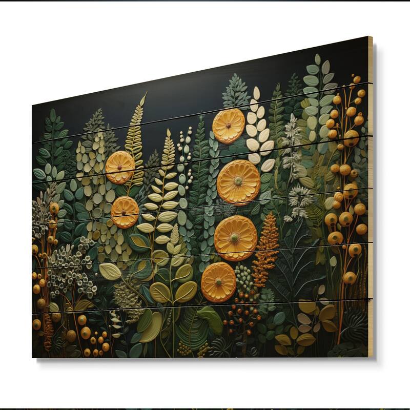 Designart "Yellow Ferns Plant Forest Tapestry" Floral Print on Natural Pine Wood