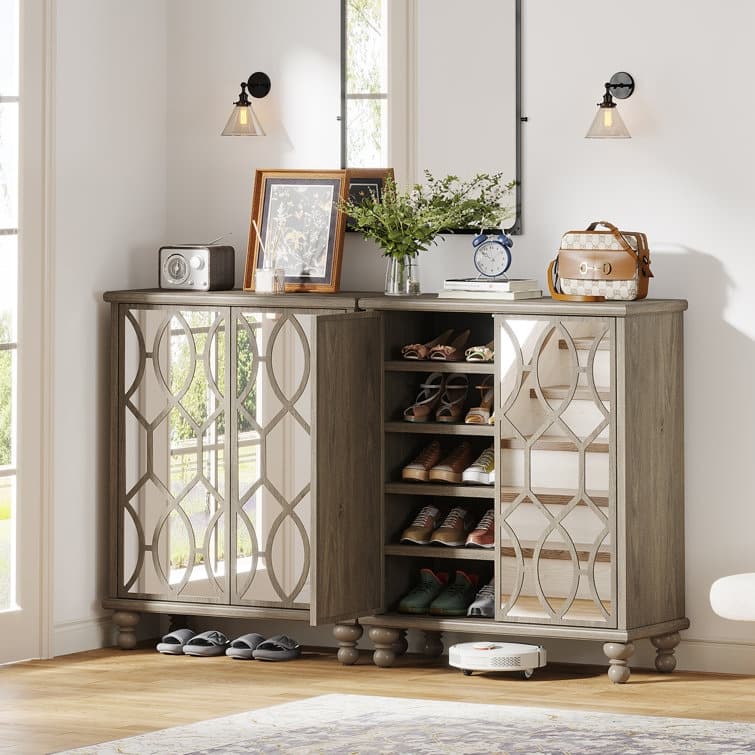 Mirror Shoe Cabinet, 5-Tier Large Wooden Shoe Organizer Cabinet - 31.49" W x 14.17" D x 43.30" H