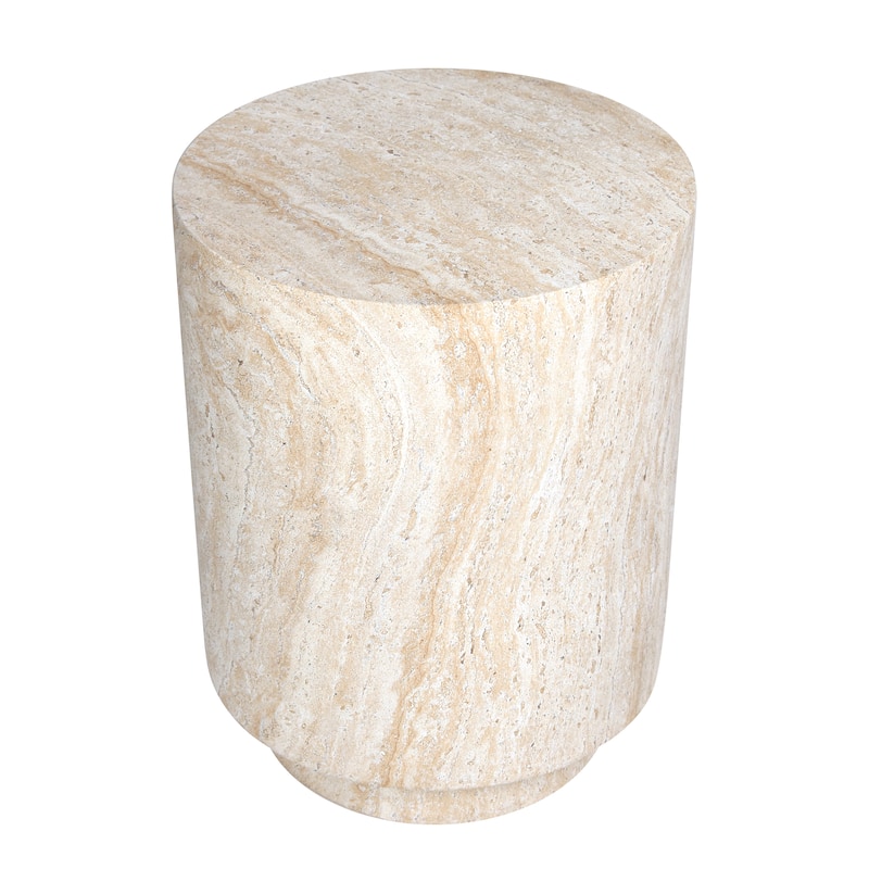 Cylinder Travertine Stone Finish Italian Design MgO Side Accent Table - 14.2"x14.2"x18.3"